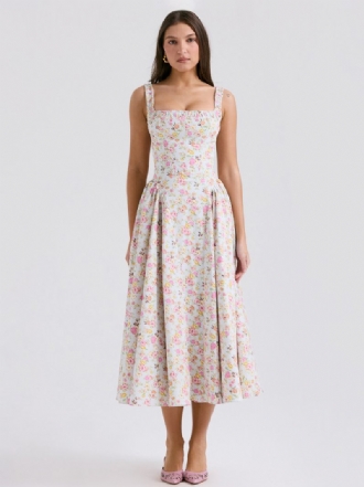 Robe Mi-longue À Fleurs Pour Femmes Imprimé Floral Bretelles Col Sans Manches Couture Ouverte Chic Longue Été