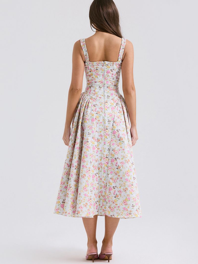 Robe Mi-longue À Fleurs Pour Femmes Imprimé Floral Bretelles Col Sans Manches Couture Ouverte Chic Longue Été - Vert Pastel