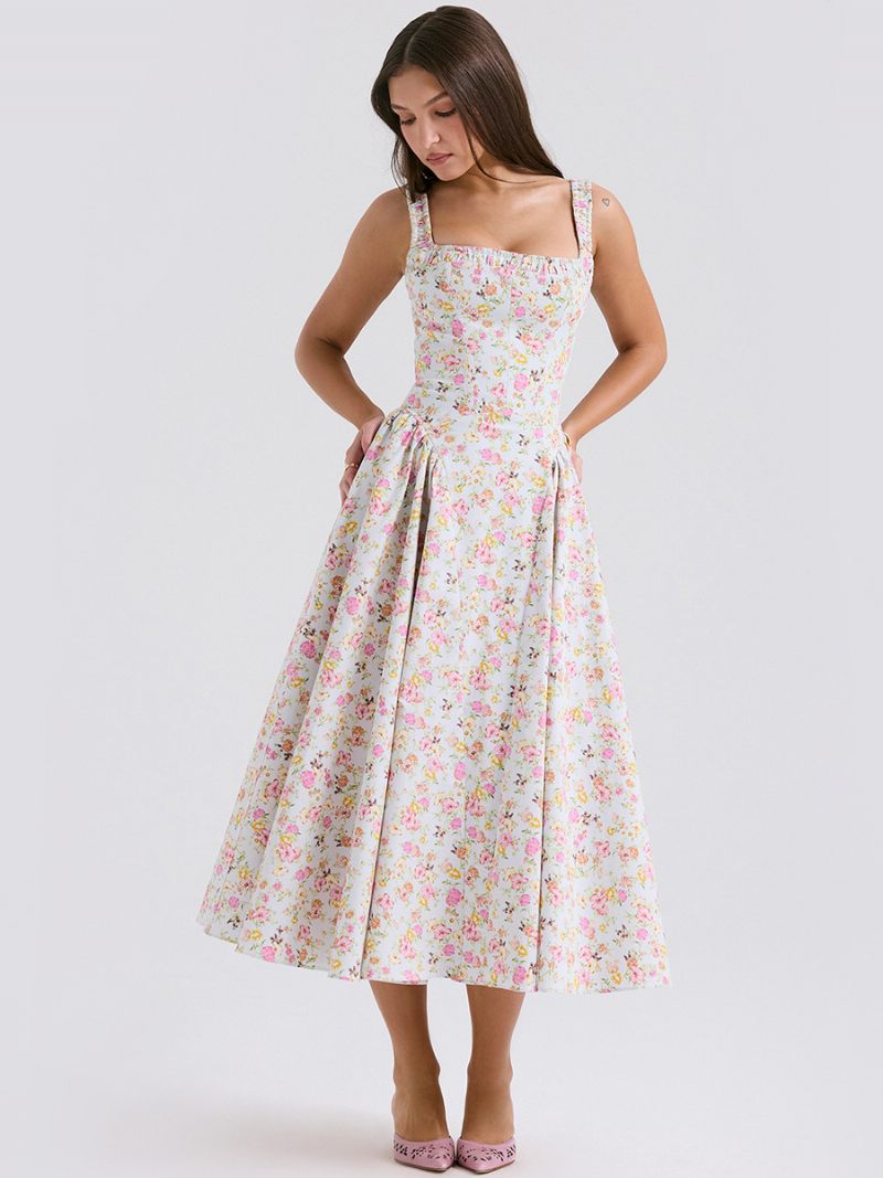 Robe Mi-longue À Fleurs Pour Femmes Imprimé Floral Bretelles Col Sans Manches Couture Ouverte Chic Longue Été - Vert Pastel