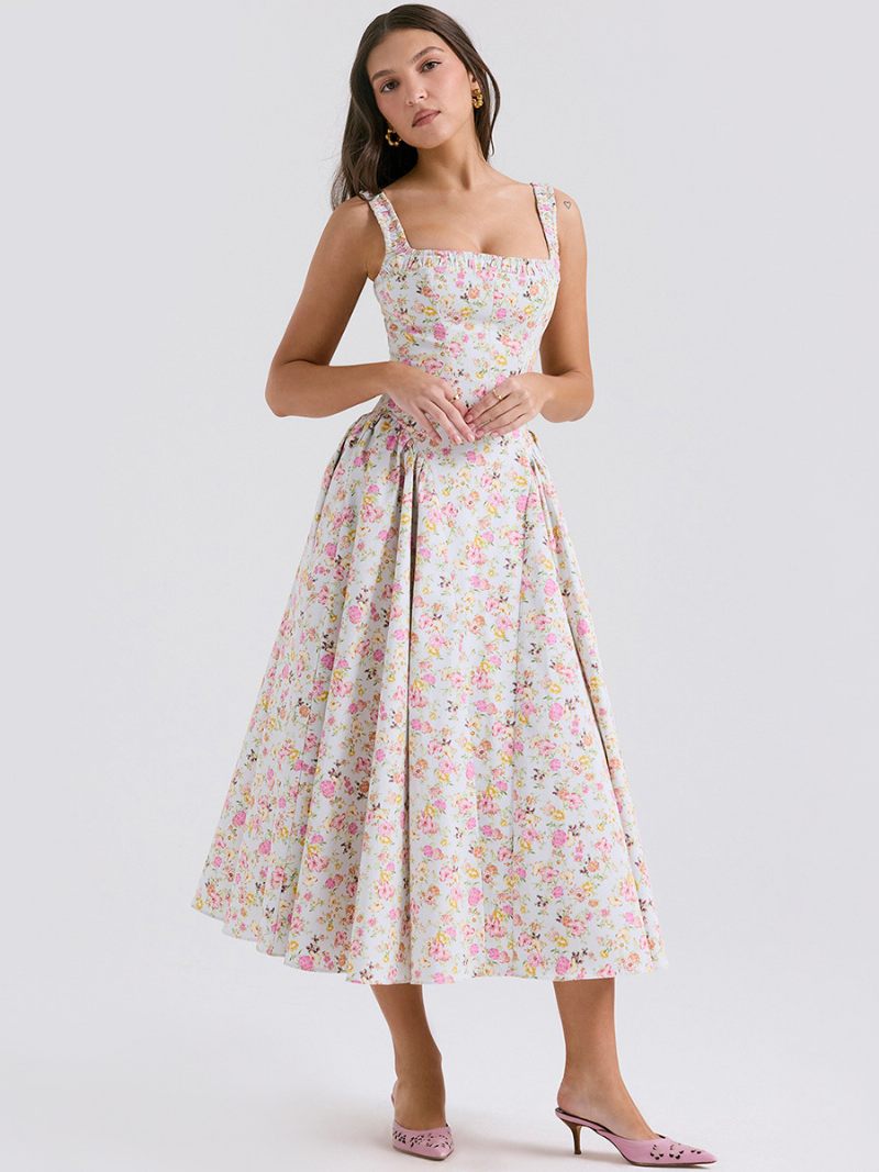 Robe Mi-longue À Fleurs Pour Femmes Imprimé Floral Bretelles Col Sans Manches Couture Ouverte Chic Longue Été - Vert Pastel