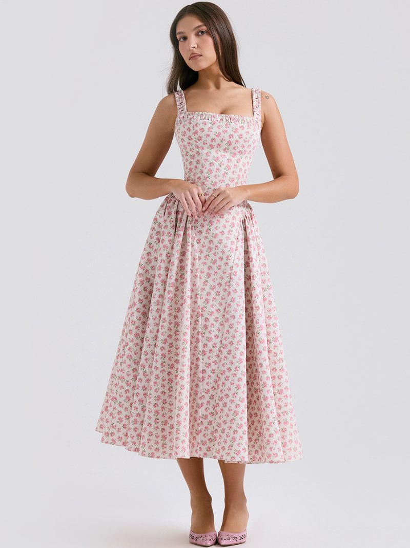 Robe Mi-longue À Fleurs Pour Femmes Imprimé Floral Bretelles Col Sans Manches Couture Ouverte Chic Longue Été - Blanc