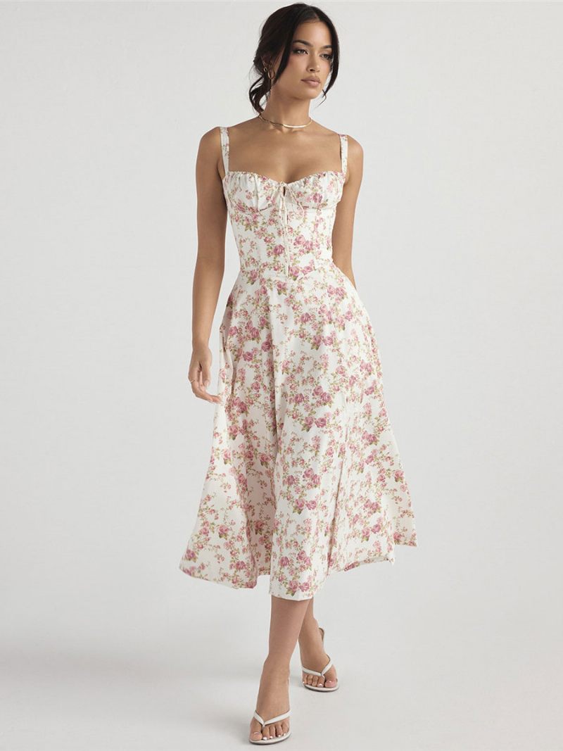 Robe Mi-longue À Fleurs Pour Femmes Imprimé Floral Bretelles Fente Haute Col Sans Manches Style Bohème Été