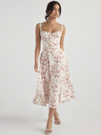 Robe Mi-longue À Fleurs Pour Femmes Imprimé Floral Bretelles Fente Haute Col Sans Manches Style Bohème Été