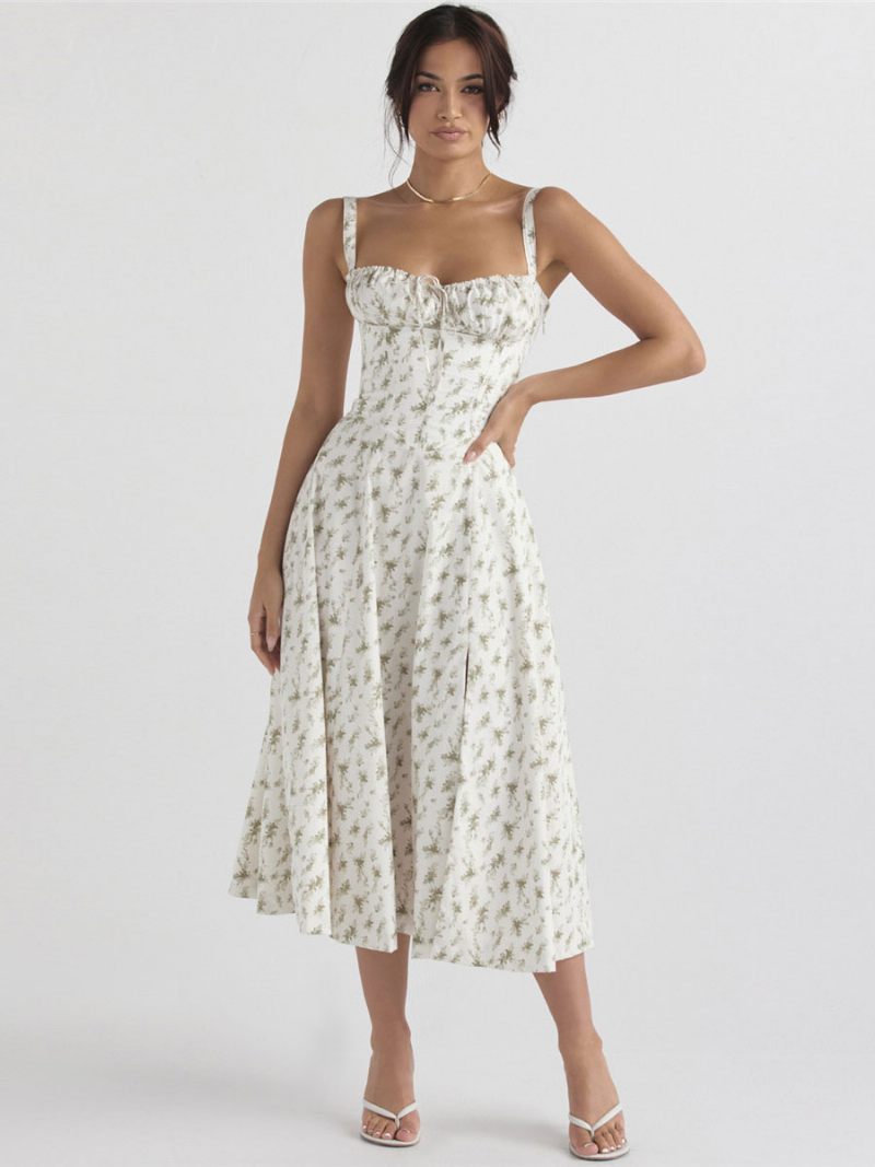 Robe Mi-longue À Fleurs Pour Femmes Imprimé Floral Bretelles Fente Haute Col Sans Manches Style Bohème Été - Vert Foncé