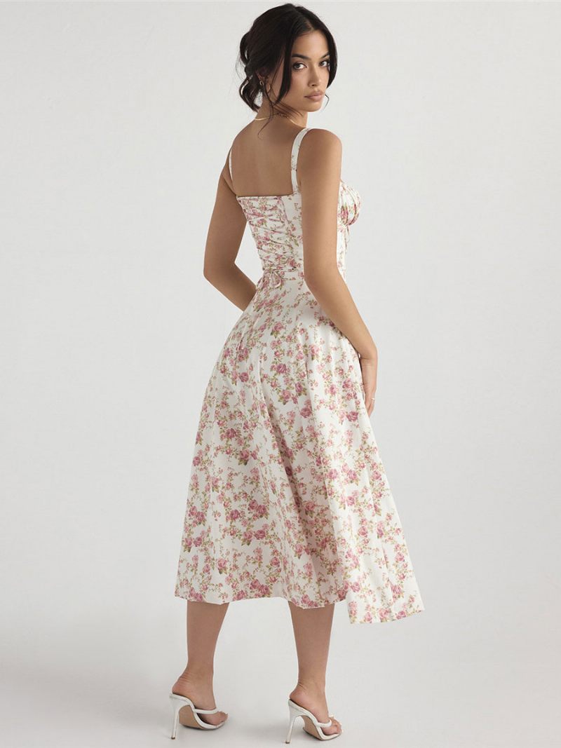 Robe Mi-longue À Fleurs Pour Femmes Imprimé Floral Bretelles Fente Haute Col Sans Manches Style Bohème Été - Rouge