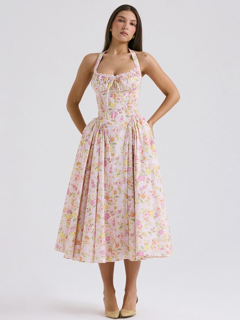 Robe Mi-longue À Fleurs Pour Femmes Imprimé Floral Bretelles Réglables Lacets Col Licou Sans Manches Élégante Longue Automne