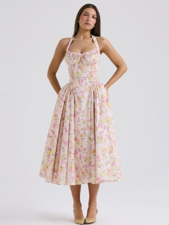 Robe Mi-longue À Fleurs Pour Femmes Imprimé Floral Bretelles Réglables Lacets Col Licou Sans Manches Élégante Longue Automne