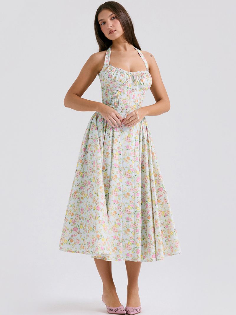 Robe Mi-longue À Fleurs Pour Femmes Imprimé Floral Bretelles Réglables Lacets Col Licou Sans Manches Élégante Longue Automne - Vert Pastel