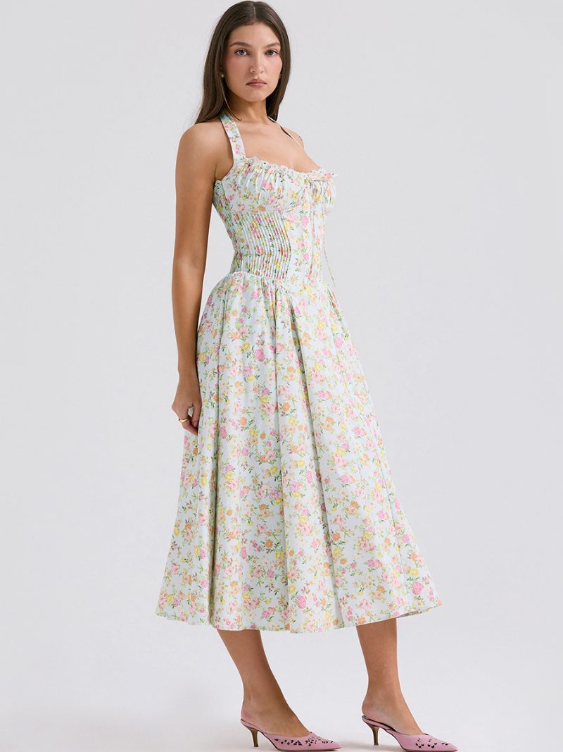 Robe Mi-longue À Fleurs Pour Femmes Imprimé Floral Bretelles Réglables Lacets Col Licou Sans Manches Élégante Longue Automne - Vert Pastel