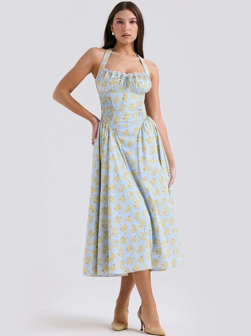 Robe Mi-longue À Fleurs Pour Femmes Imprimé Floral Bretelles Réglables Lacets Col Licou Sans Manches Élégante Longue Automne - Bleu Ciel Clair