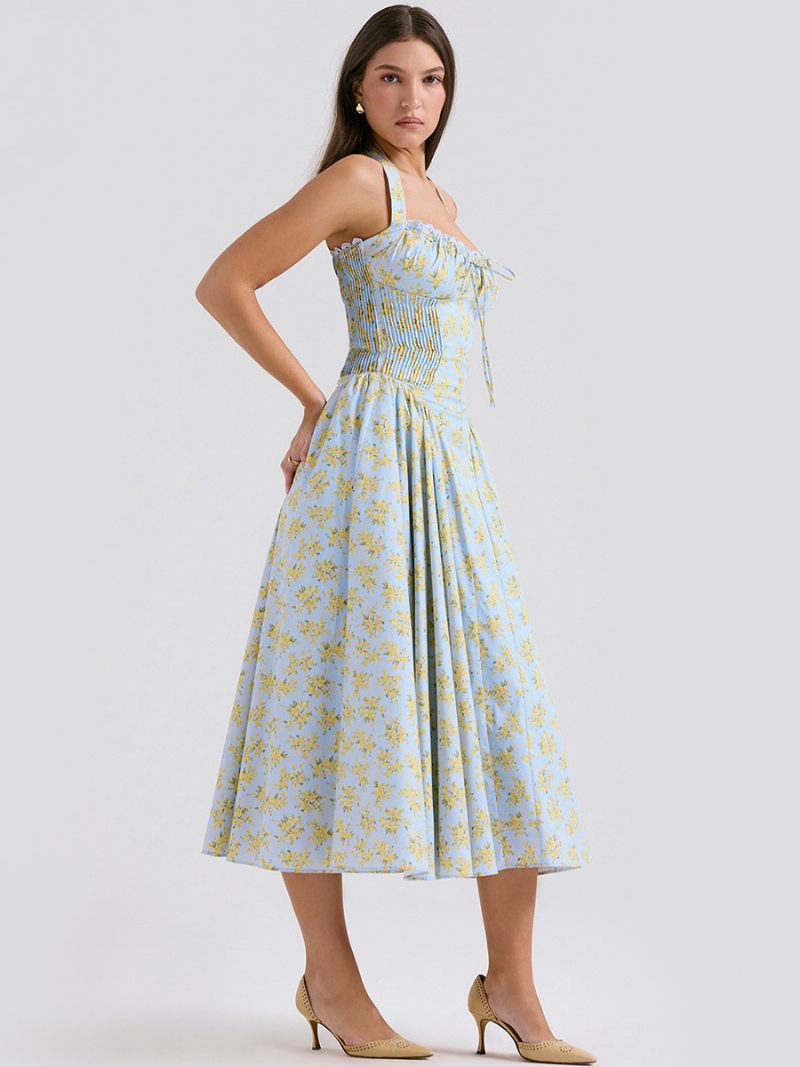 Robe Mi-longue À Fleurs Pour Femmes Imprimé Floral Bretelles Réglables Lacets Col Licou Sans Manches Élégante Longue Automne - Bleu Ciel Clair