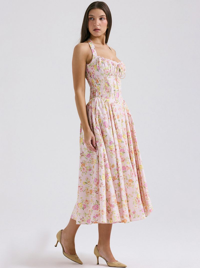 Robe Mi-longue À Fleurs Pour Femmes Imprimé Floral Bretelles Réglables Lacets Col Licou Sans Manches Élégante Longue Automne - Rose