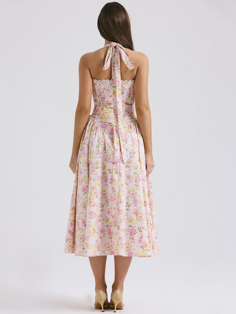 Robe Mi-longue À Fleurs Pour Femmes Imprimé Floral Bretelles Réglables Lacets Col Licou Sans Manches Élégante Longue Automne - Rose