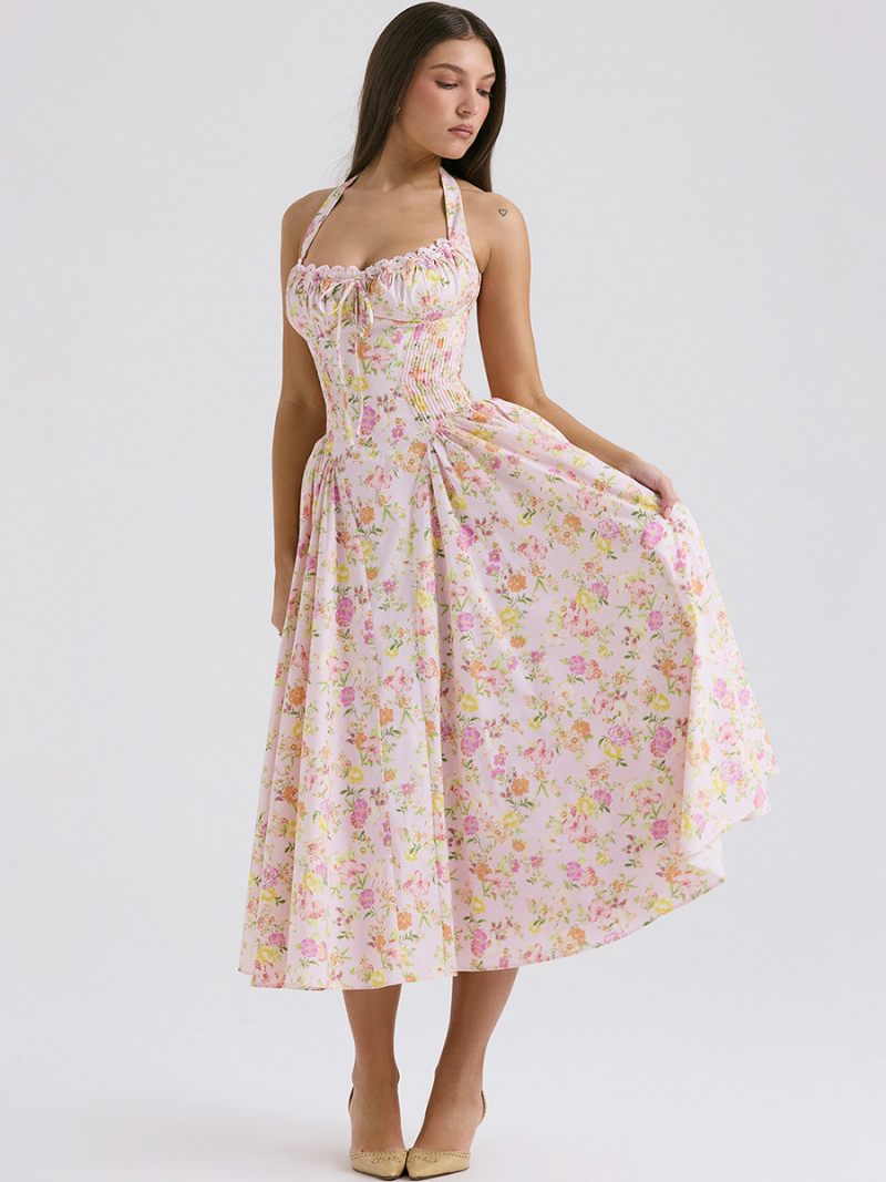 Robe Mi-longue À Fleurs Pour Femmes Imprimé Floral Bretelles Réglables Lacets Col Licou Sans Manches Élégante Longue Automne - Rose