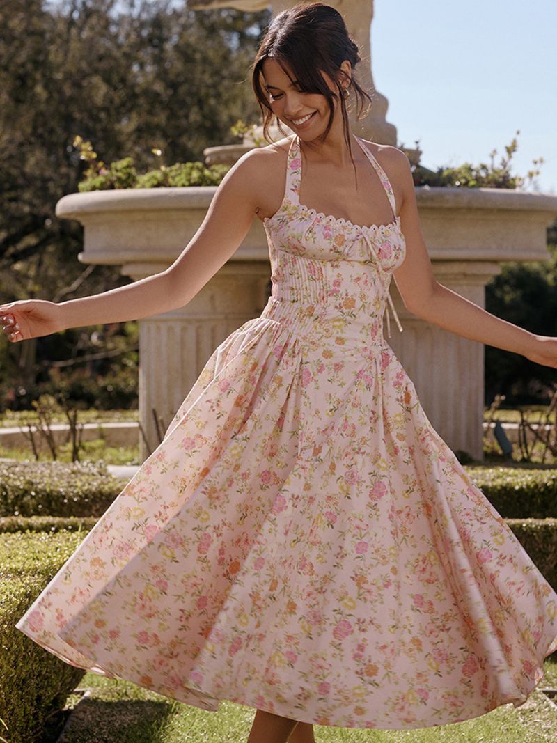 Robe Mi-longue À Fleurs Pour Femmes Imprimé Floral Bretelles Réglables Lacets Col Licou Sans Manches Élégante Longue Automne - Rose