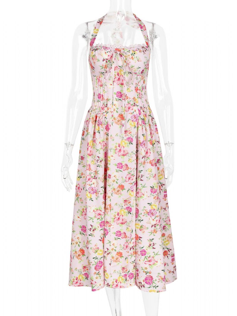 Robe Mi-longue À Fleurs Pour Femmes Imprimé Floral Bretelles Réglables Lacets Col Licou Sans Manches Élégante Longue Automne - Rose