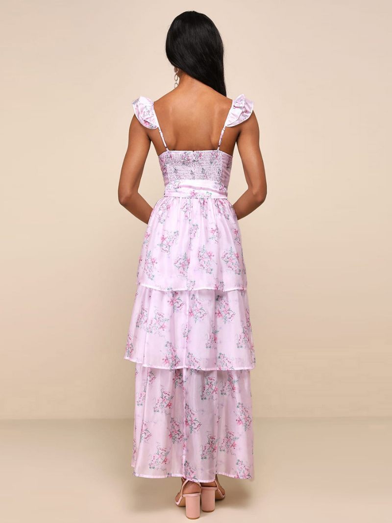 Robe Mi-longue À Fleurs Pour Femmes Imprimé Floral Couches Volants Bretelles Col Sans Manches Fermeture Éclair Chic Longue Automne - Rose