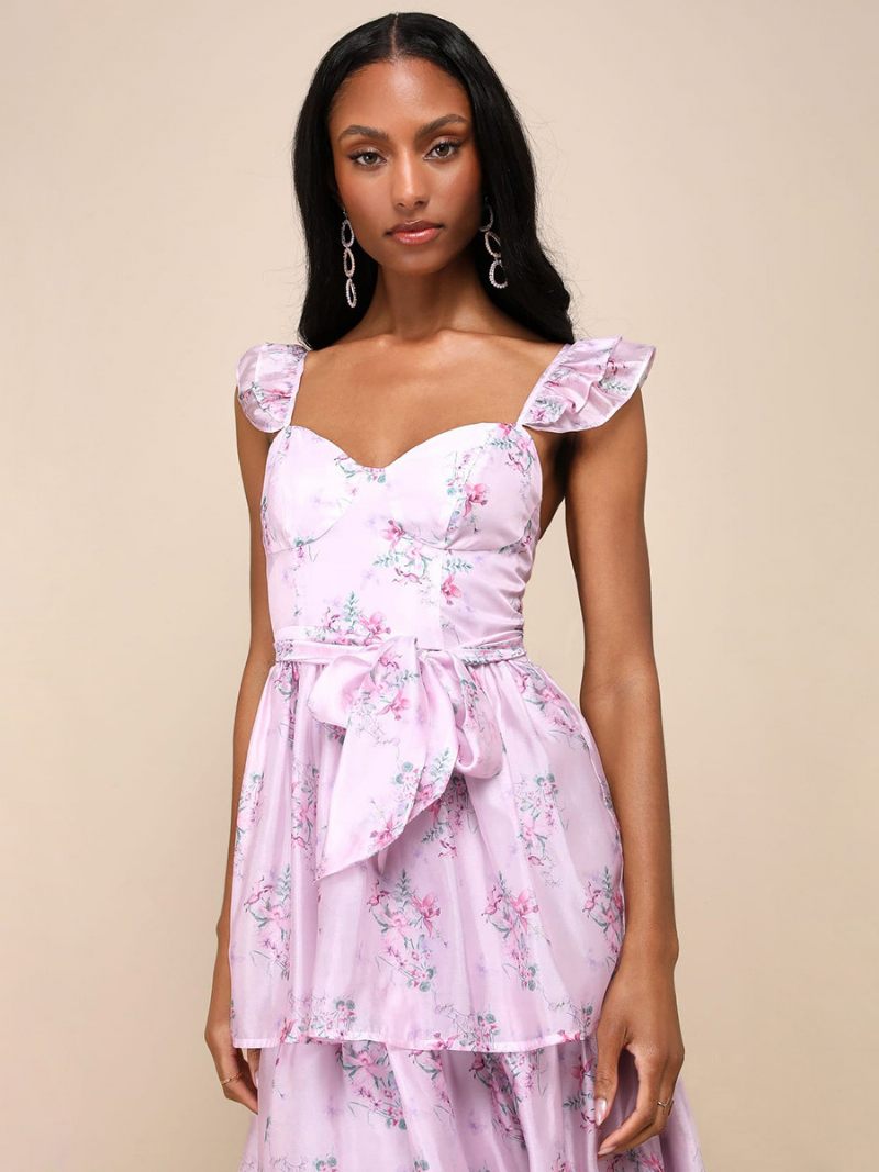 Robe Mi-longue À Fleurs Pour Femmes Imprimé Floral Couches Volants Bretelles Col Sans Manches Fermeture Éclair Chic Longue Automne - Rose