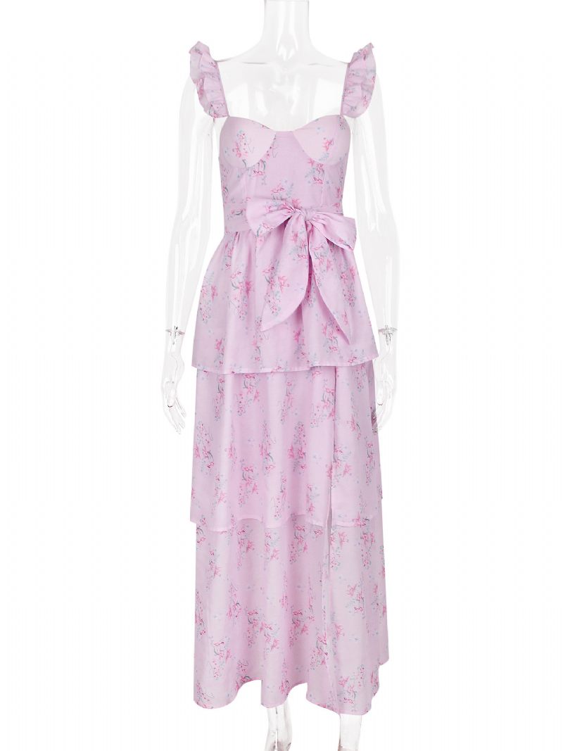 Robe Mi-longue À Fleurs Pour Femmes Imprimé Floral Couches Volants Bretelles Col Sans Manches Fermeture Éclair Chic Longue Automne - Rose