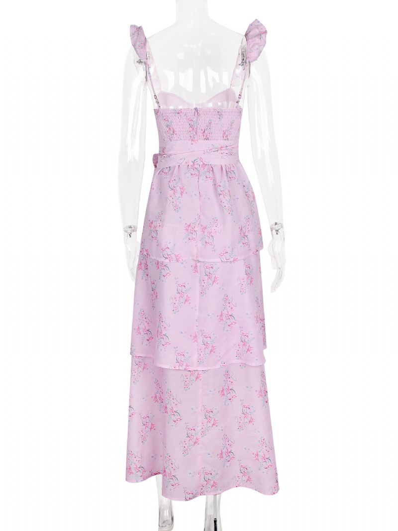 Robe Mi-longue À Fleurs Pour Femmes Imprimé Floral Couches Volants Bretelles Col Sans Manches Fermeture Éclair Chic Longue Automne - Rose