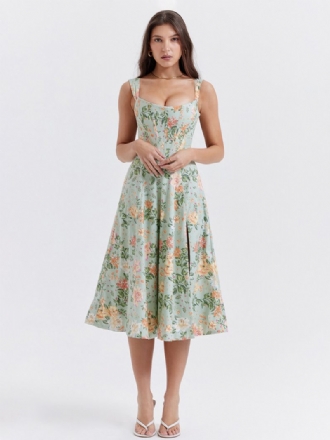 Robe Mi-longue À Fleurs Pour Femmes Imprimé Floral Fendue Sur Le Devant Col Bateau Sans Manches Fermeture Éclair Couture Ouverte Chic Longue Été