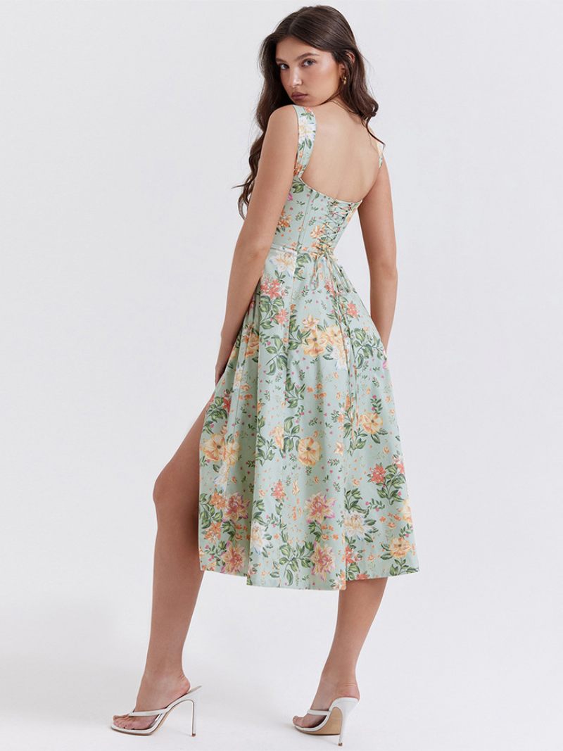 Robe Mi-longue À Fleurs Pour Femmes Imprimé Floral Fendue Sur Le Devant Col Bateau Sans Manches Fermeture Éclair Couture Ouverte Chic Longue Été - Vert