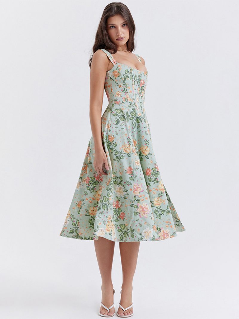 Robe Mi-longue À Fleurs Pour Femmes Imprimé Floral Fendue Sur Le Devant Col Bateau Sans Manches Fermeture Éclair Couture Ouverte Chic Longue Été - Vert