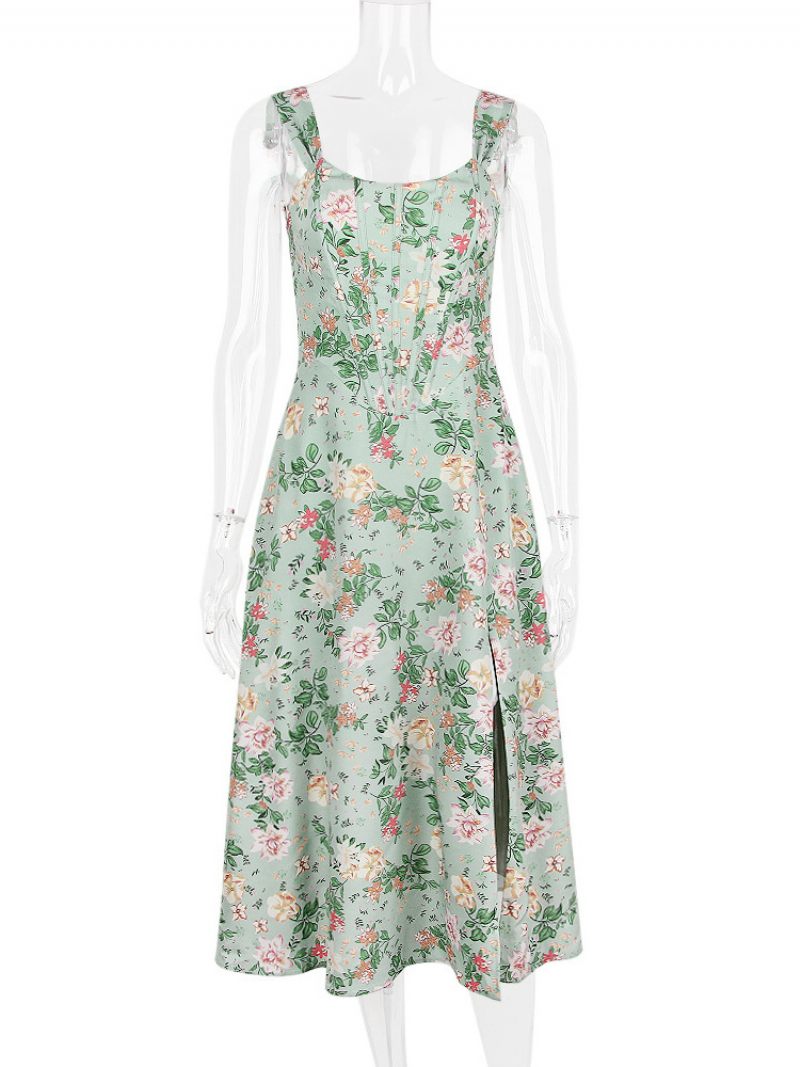 Robe Mi-longue À Fleurs Pour Femmes Imprimé Floral Fendue Sur Le Devant Col Bateau Sans Manches Fermeture Éclair Couture Ouverte Chic Longue Été - Vert