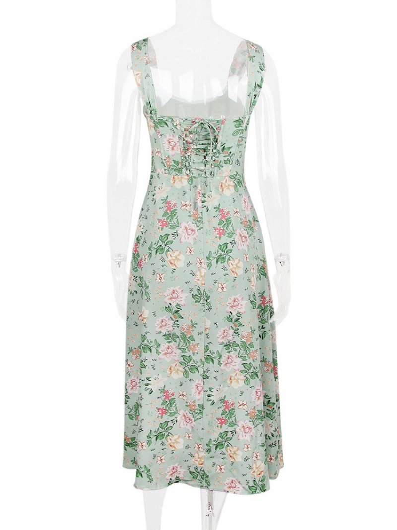 Robe Mi-longue À Fleurs Pour Femmes Imprimé Floral Fendue Sur Le Devant Col Bateau Sans Manches Fermeture Éclair Couture Ouverte Chic Longue Été - Vert