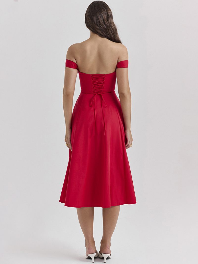 Robe Mi-longue À Fleurs Pour Femmes Imprimé Floral Fendue Sur Le Devant Col Bateau Sans Manches Fermeture Éclair Couture Ouverte Chic Longue Été - Rouge