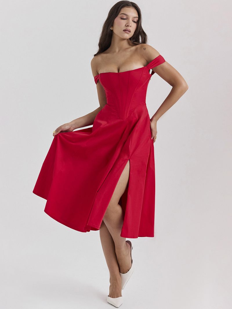 Robe Mi-longue À Fleurs Pour Femmes Imprimé Floral Fendue Sur Le Devant Col Bateau Sans Manches Fermeture Éclair Couture Ouverte Chic Longue Été - Rouge