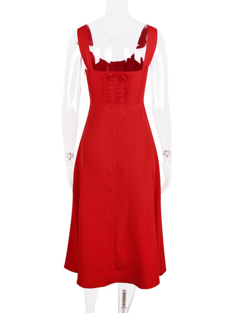 Robe Mi-longue À Fleurs Pour Femmes Imprimé Floral Fendue Sur Le Devant Col Bateau Sans Manches Fermeture Éclair Couture Ouverte Chic Longue Été - Rouge