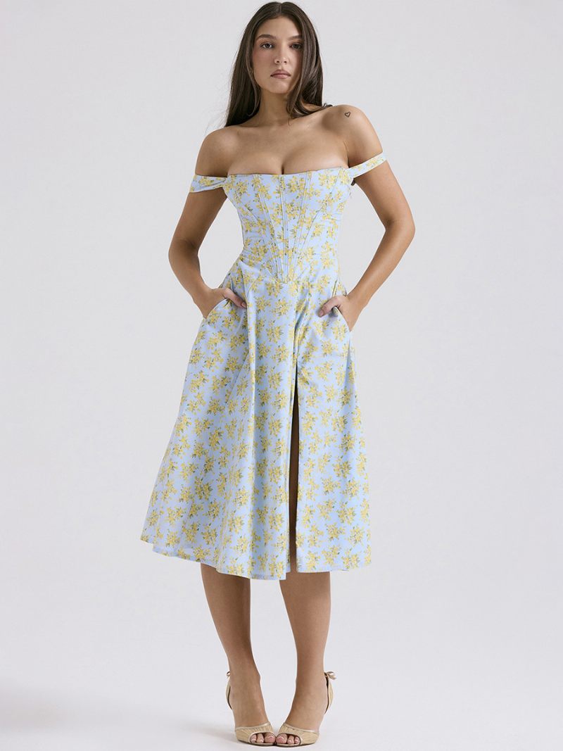 Robe Mi-longue À Fleurs Pour Femmes Imprimé Floral Fendue Sur Le Devant Col Bateau Sans Manches Fermeture Éclair Couture Ouverte Chic Longue Été - Bleu Ciel Clair