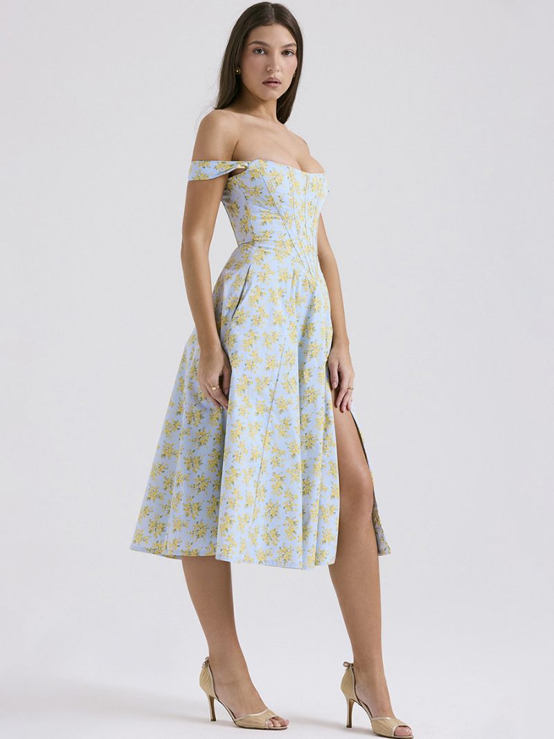 Robe Mi-longue À Fleurs Pour Femmes Imprimé Floral Fendue Sur Le Devant Col Bateau Sans Manches Fermeture Éclair Couture Ouverte Chic Longue Été - Bleu Ciel Clair