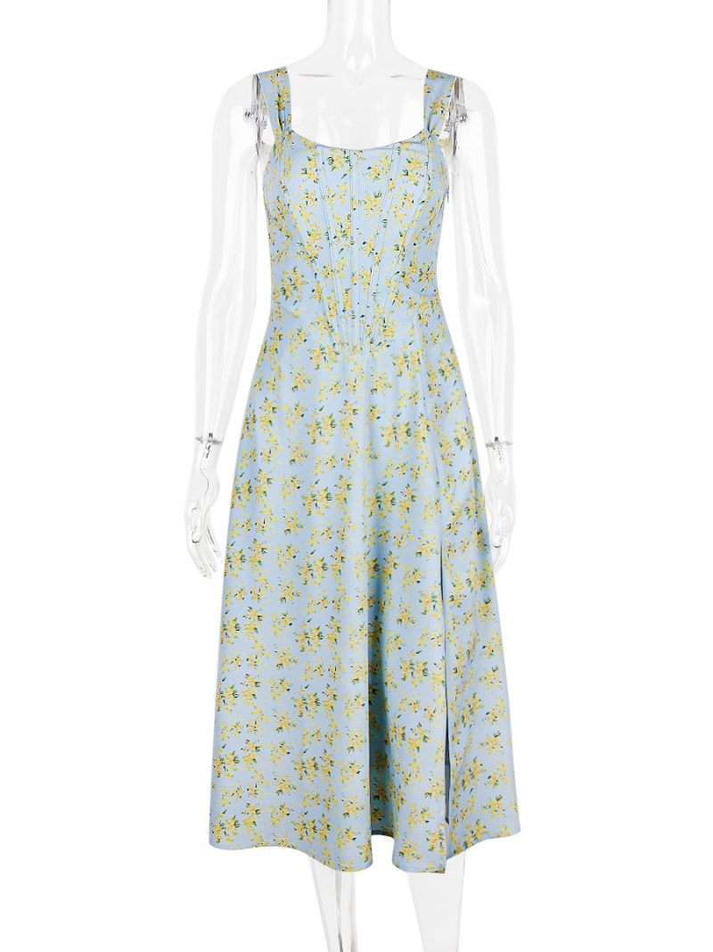 Robe Mi-longue À Fleurs Pour Femmes Imprimé Floral Fendue Sur Le Devant Col Bateau Sans Manches Fermeture Éclair Couture Ouverte Chic Longue Été - Bleu Ciel Clair