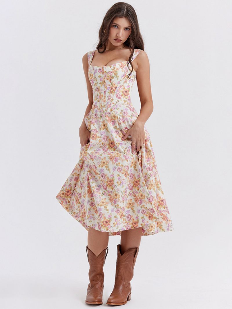 Robe Mi-longue À Fleurs Pour Femmes Imprimé Floral Fendue Sur Le Devant Col Bateau Sans Manches Fermeture Éclair Couture Ouverte Chic Longue Été - Beige