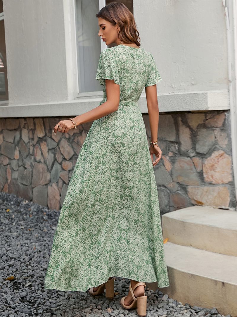 Robe Mi-longue À Fleurs Pour Femmes Imprimé Floral Manches Courtes Col V Chic Lacets Sur Le Devant Fente Été - Vert