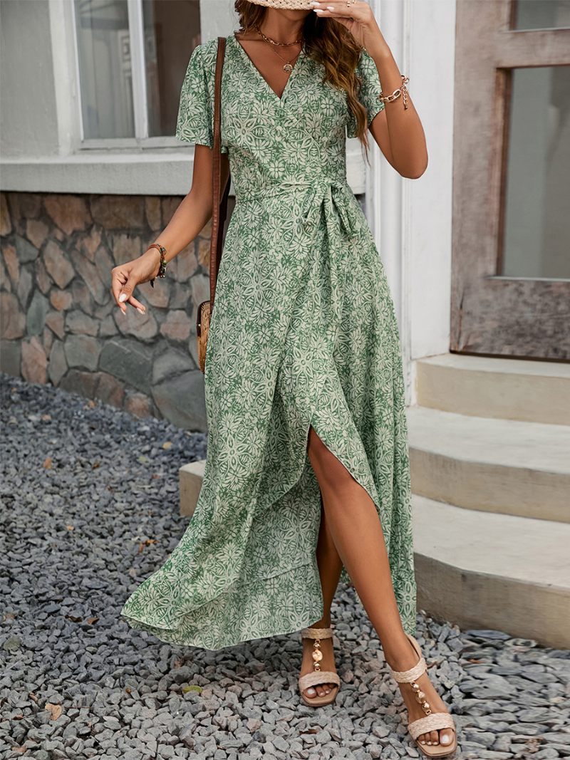 Robe Mi-longue À Fleurs Pour Femmes Imprimé Floral Manches Courtes Col V Chic Lacets Sur Le Devant Fente Été - Vert