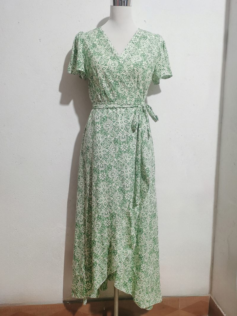 Robe Mi-longue À Fleurs Pour Femmes Imprimé Floral Manches Courtes Col V Chic Lacets Sur Le Devant Fente Été - Vert