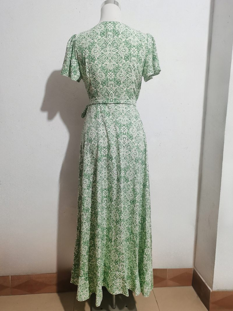 Robe Mi-longue À Fleurs Pour Femmes Imprimé Floral Manches Courtes Col V Chic Lacets Sur Le Devant Fente Été - Vert