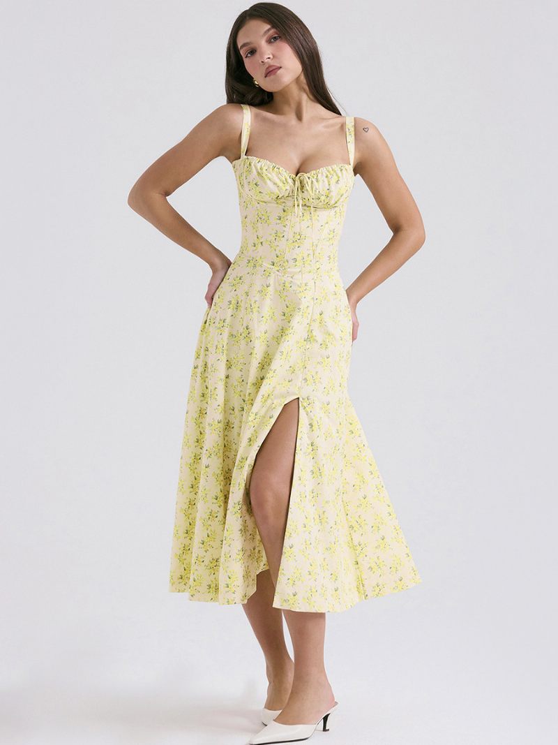 Robe Mi-longue À Fleurs Pour Femmes Imprimé Floral Sans Manches Bretelles Col Élégant Lacets Fente Latérale Longue Été - Jaune