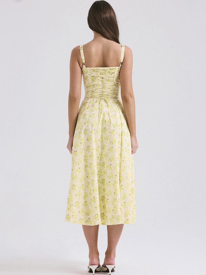 Robe Mi-longue À Fleurs Pour Femmes Imprimé Floral Sans Manches Bretelles Col Élégant Lacets Fente Latérale Longue Été - Jaune