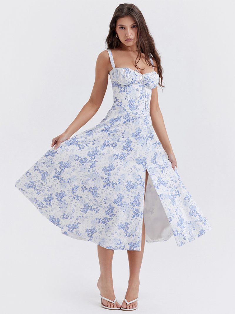 Robe Mi-longue À Fleurs Pour Femmes Imprimé Floral Sans Manches Bretelles Col Élégant Lacets Fente Latérale Longue Été - Bleu