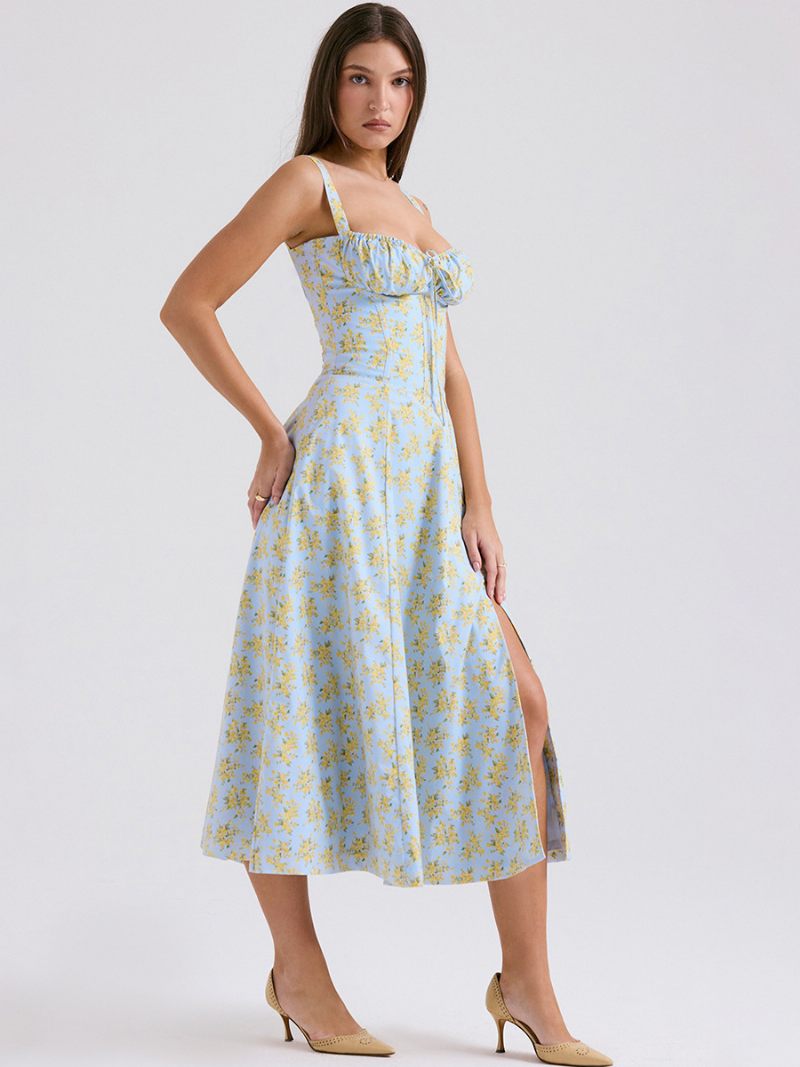 Robe Mi-longue À Fleurs Pour Femmes Imprimé Floral Sans Manches Bretelles Col Élégant Lacets Fente Latérale Longue Été - Bleu Ciel Clair