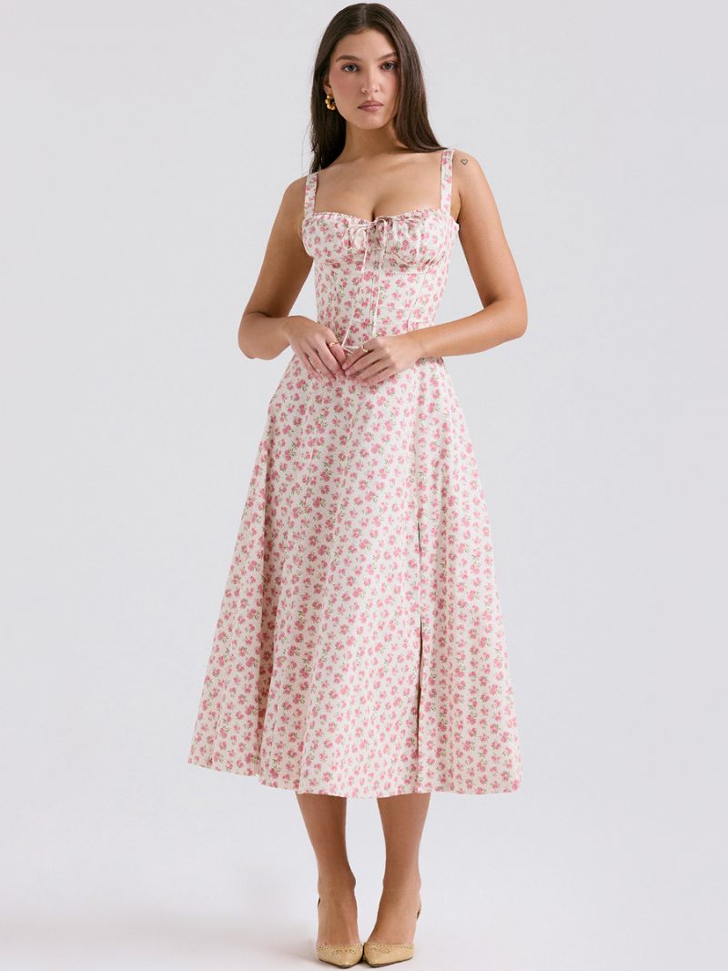 Robe Mi-longue À Fleurs Pour Femmes Imprimé Floral Sans Manches Bretelles Col Élégant Lacets Fente Latérale Longue Été - Rose