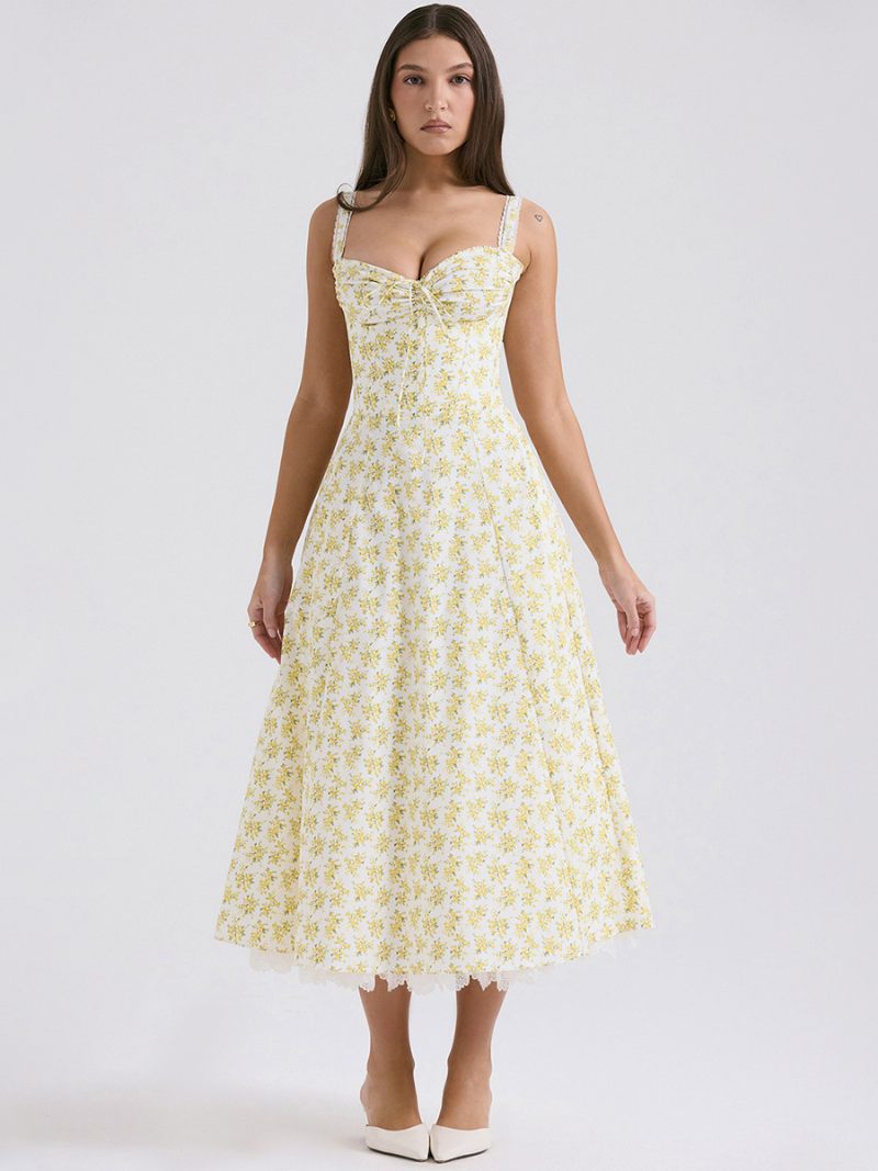 Robe Mi-longue À Fleurs Pour Femmes Imprimé Floral Sans Manches Bretelles Col Sexy Lacets Longue Automne - Jaune