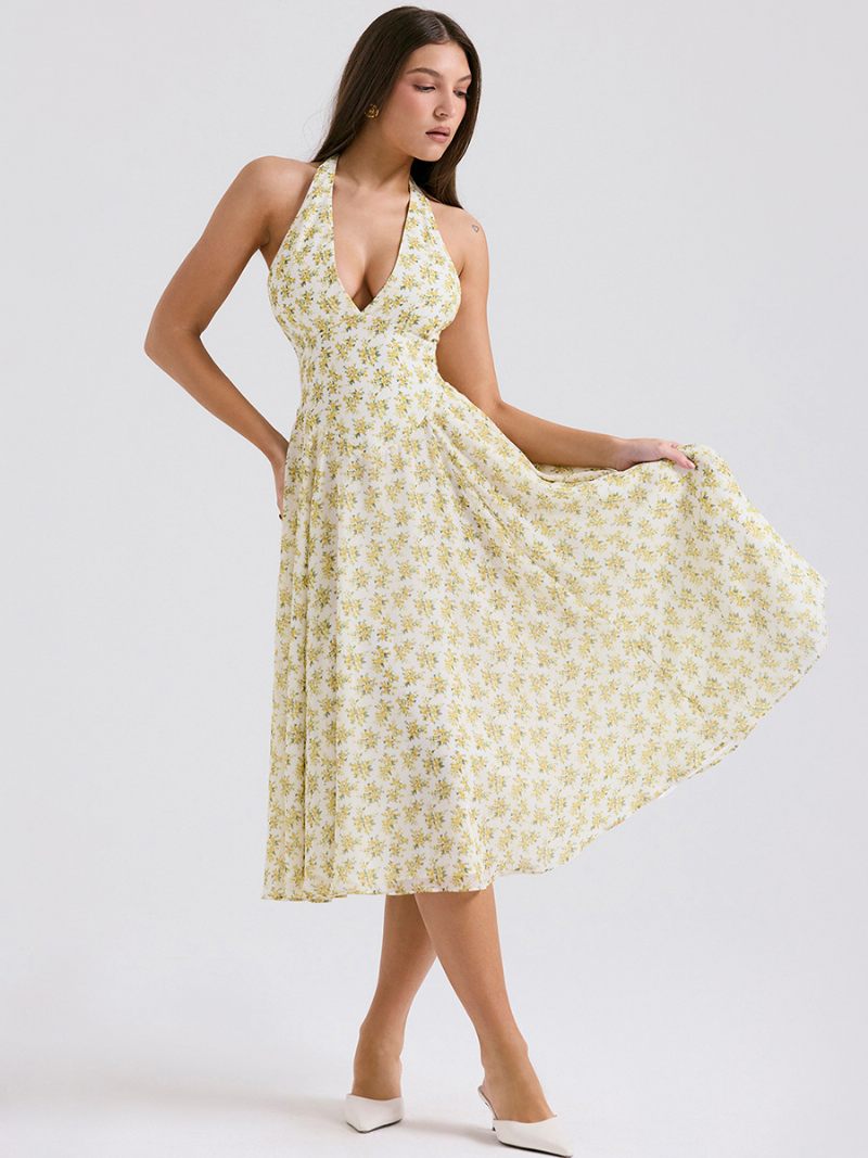 Robe Mi-longue À Fleurs Pour Femmes Imprimé Floral Sans Manches Col V Chic Dos Nu Couture Ouverte Longue Été - Jaune