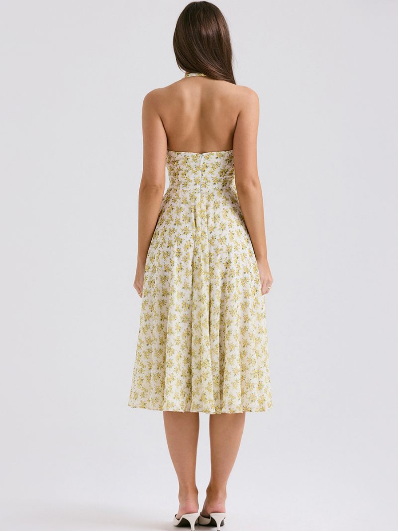 Robe Mi-longue À Fleurs Pour Femmes Imprimé Floral Sans Manches Col V Chic Dos Nu Couture Ouverte Longue Été - Jaune