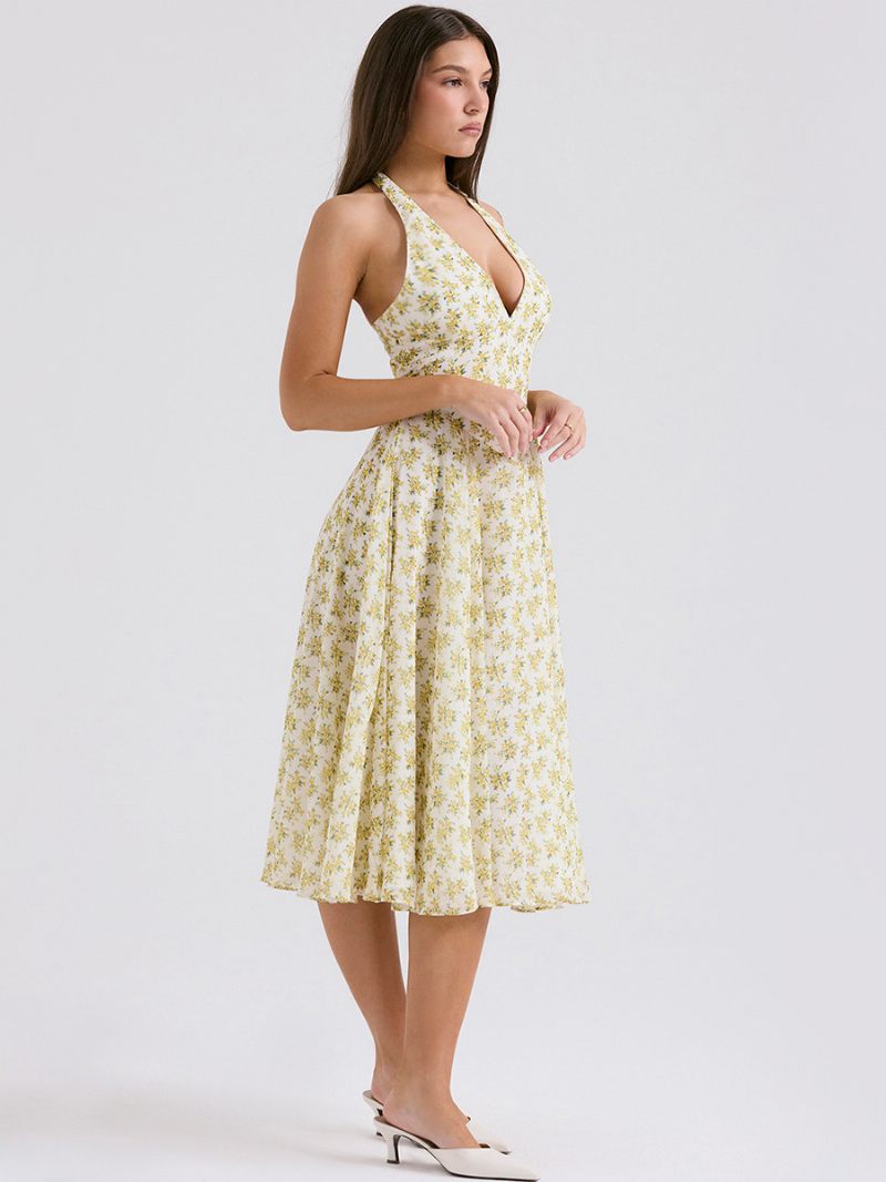 Robe Mi-longue À Fleurs Pour Femmes Imprimé Floral Sans Manches Col V Chic Dos Nu Couture Ouverte Longue Été - Jaune