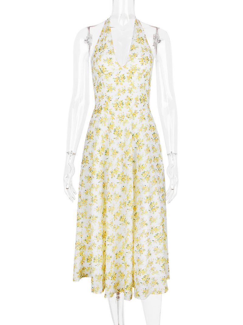 Robe Mi-longue À Fleurs Pour Femmes Imprimé Floral Sans Manches Col V Chic Dos Nu Couture Ouverte Longue Été - Jaune